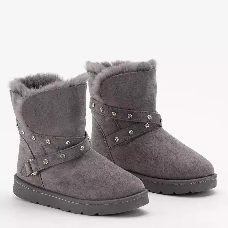 OUTLET Зимние сапоги серого цвета с цирконом на плоской подошве Lirana - Обувь