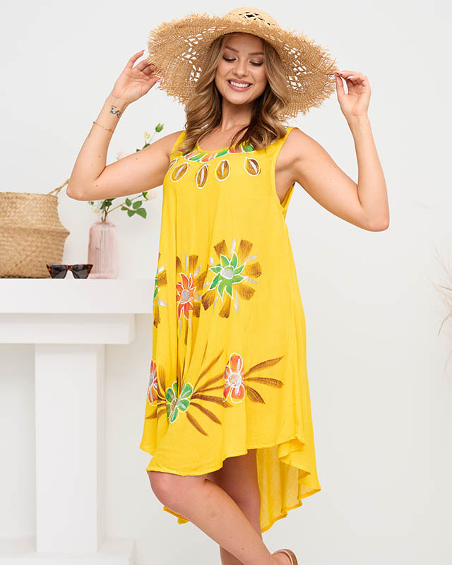 Женское желтое пляжное платье с цветочной накидкой - Одежда