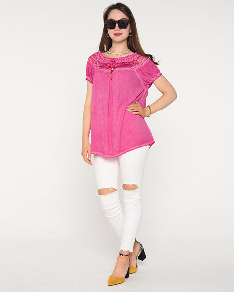 Фуксия женская хлопковая блуза с ажуром - Одежда
