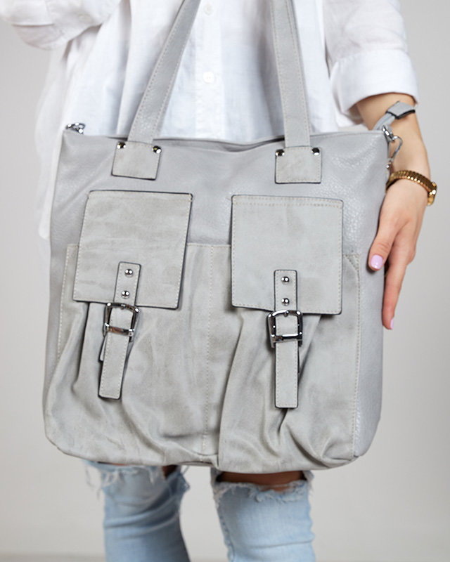 Сіра жіноча сумка-шоппер з декоративними кишенями - Аксесуари