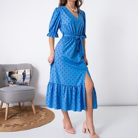 Темно-блакитна жіноча довга сукня в горошок
