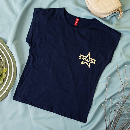 Темно-синя жіноча футболка із золотою зіркою та написом